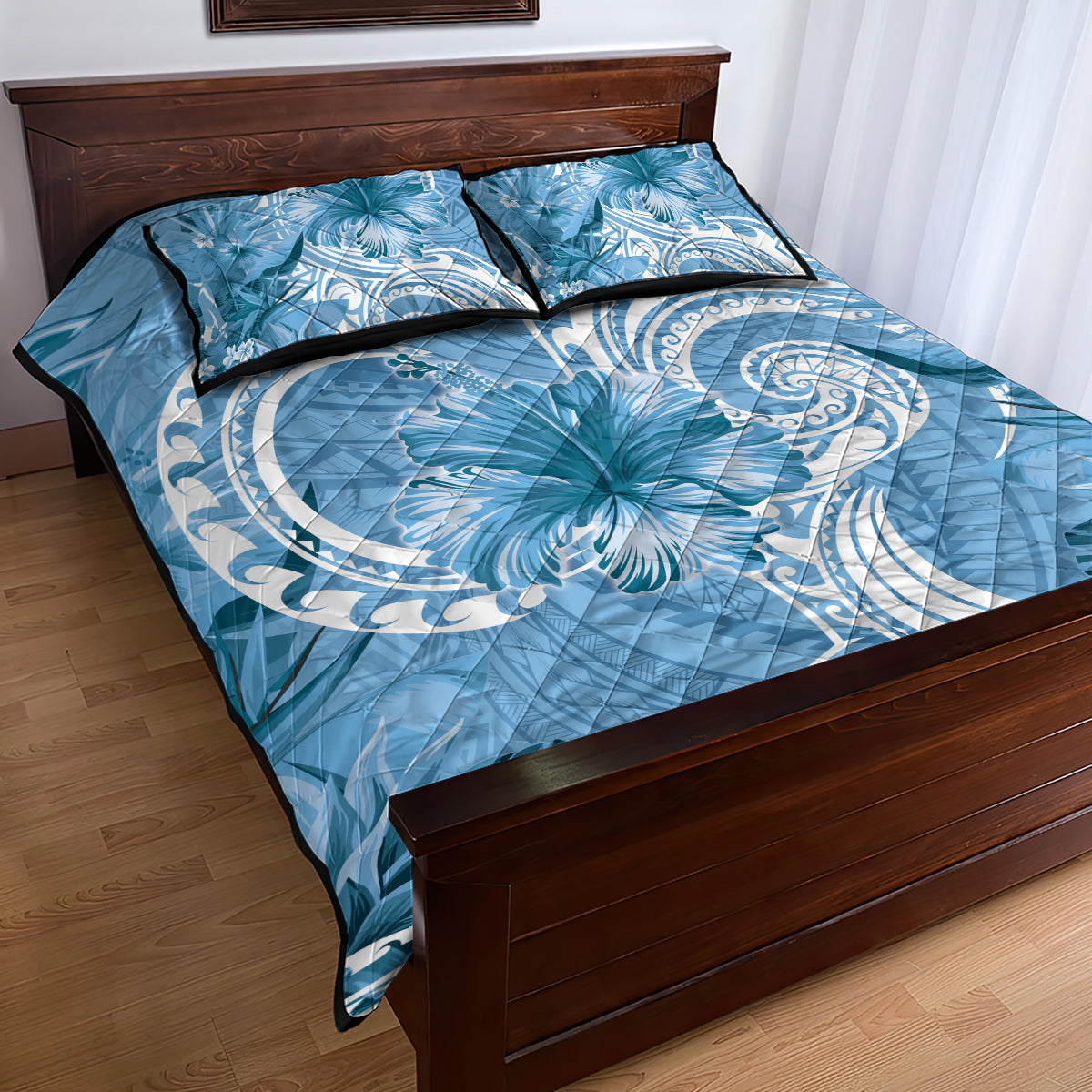 Polynesian Hibiscus Flower Tribal Quilt Bed Set Blue Color LT9 - Polynesian Pride