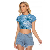 Polynesian Hibiscus Flower Tribal Raglan Cropped T Shirt Blue Color