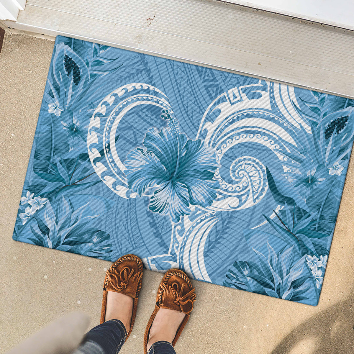 Polynesian Hibiscus Flower Tribal Rubber Doormat Blue Color LT9 - Polynesian Pride