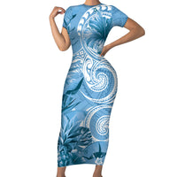 Polynesian Hibiscus Flower Tribal Short Sleeve Bodycon Dress Blue Color