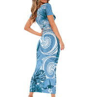 Polynesian Hibiscus Flower Tribal Short Sleeve Bodycon Dress Blue Color