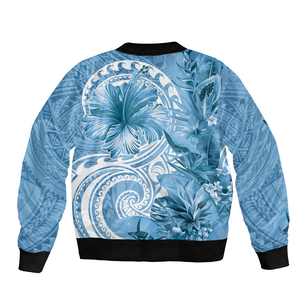 Polynesian Hibiscus Flower Tribal Sleeve Zip Bomber Jacket Blue Color LT9 - Polynesian Pride