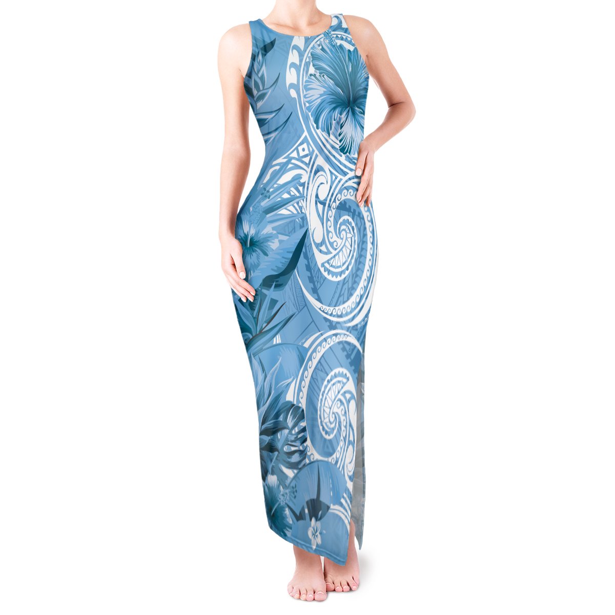 Polynesian Hibiscus Flower Tribal Tank Maxi Dress Blue Color LT9 Women Blue - Polynesian Pride