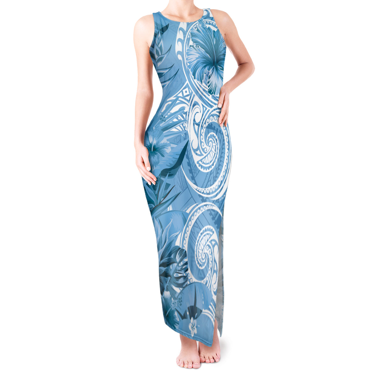 Polynesian Hibiscus Flower Tribal Tank Maxi Dress Blue Color