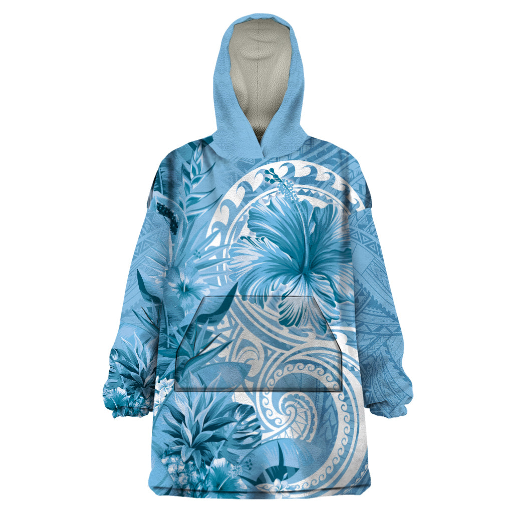 Polynesian Hibiscus Flower Tribal Wearable Blanket Hoodie Blue Color