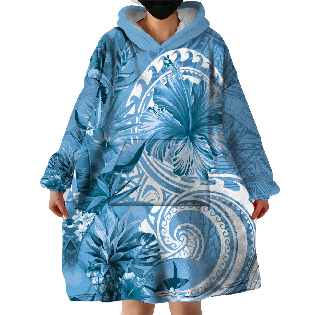 Polynesian Hibiscus Flower Tribal Wearable Blanket Hoodie Blue Color LT9 - Polynesian Pride