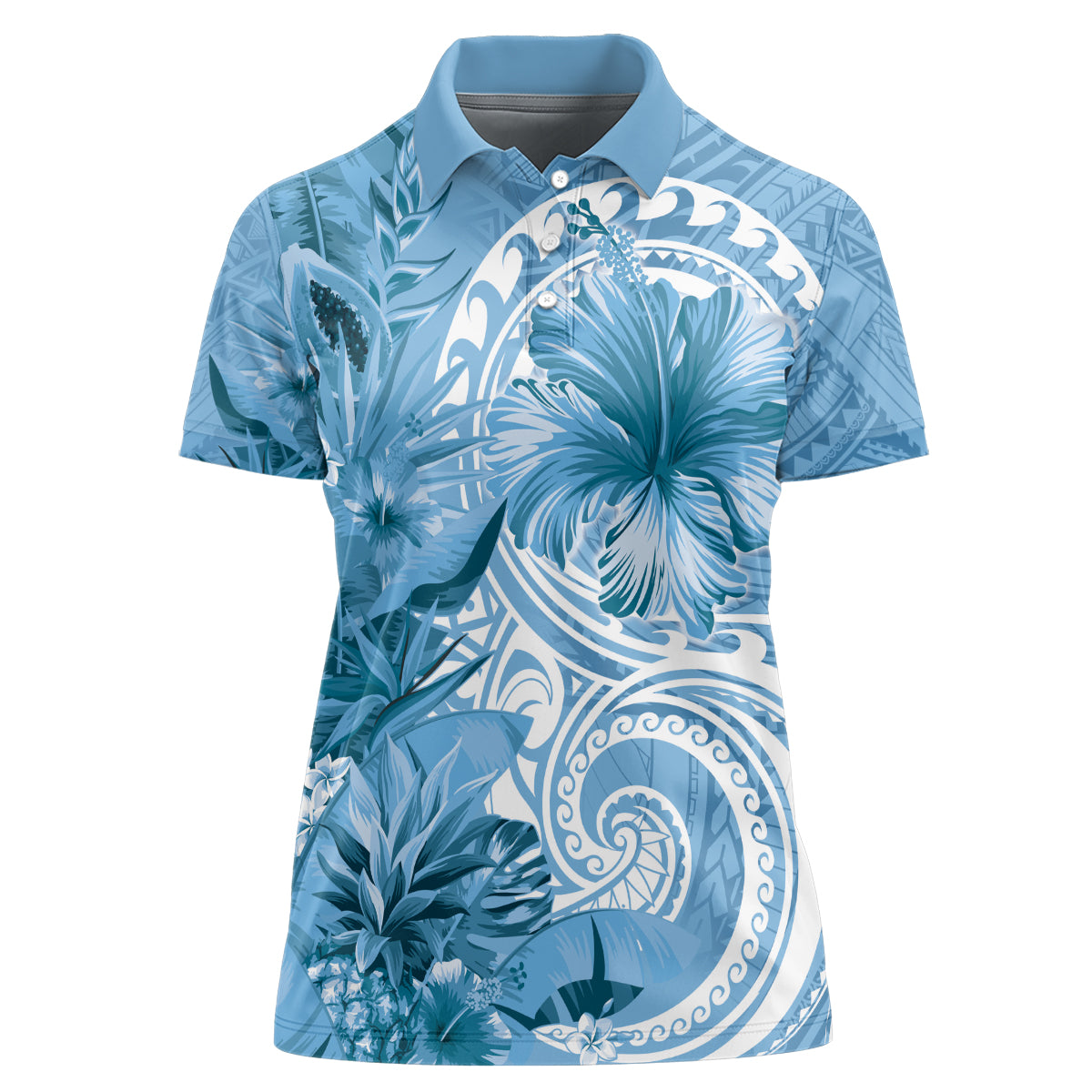 Polynesian Hibiscus Flower Tribal Women Polo Shirt Blue Color