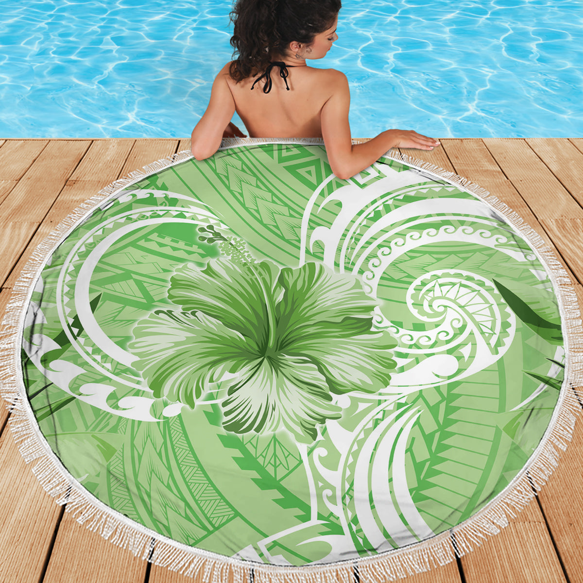 Polynesian Hibiscus Flower Tribal Beach Blanket Lime Green Color LT9 - Polynesian Pride