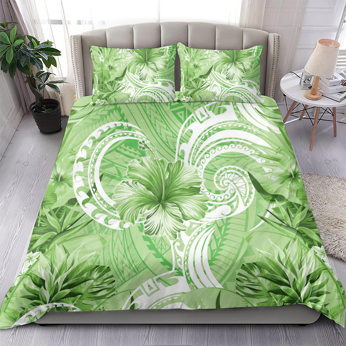 Polynesian Hibiscus Flower Tribal Bedding Set Lime Green Color LT9 - Polynesian Pride