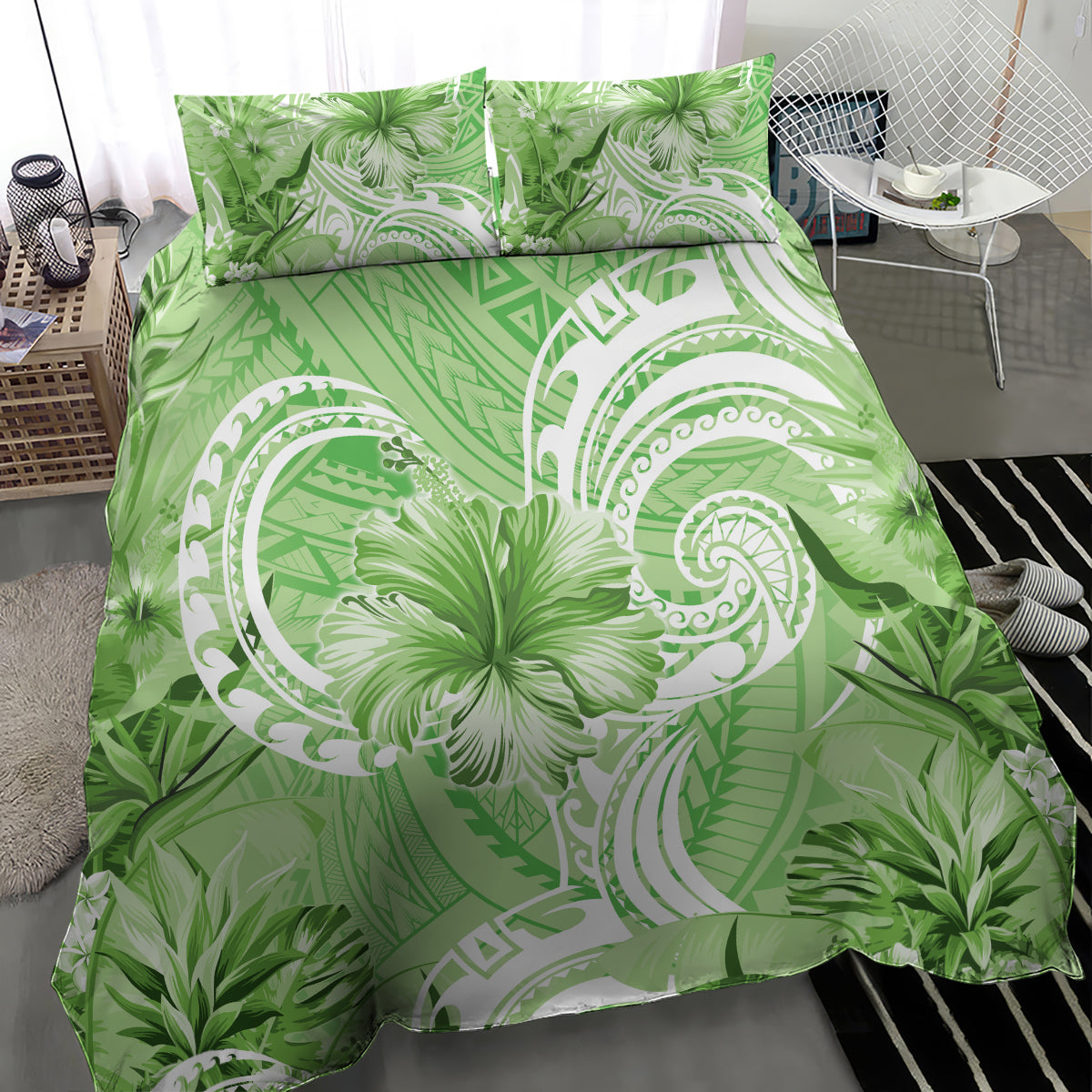 Polynesian Hibiscus Flower Tribal Bedding Set Lime Green Color LT9 - Polynesian Pride