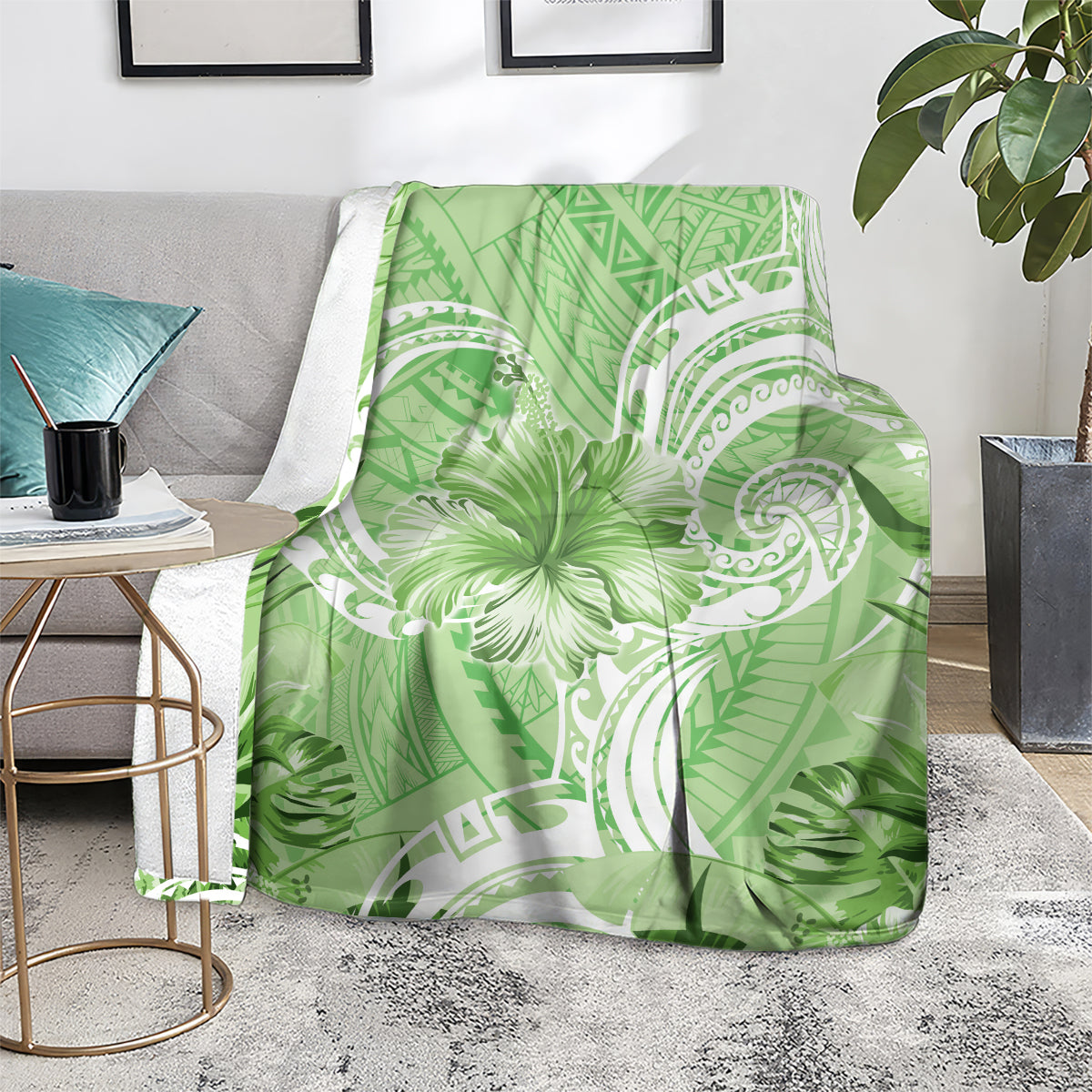 Polynesian Hibiscus Flower Tribal Blanket Lime Green Color LT9 - Polynesian Pride