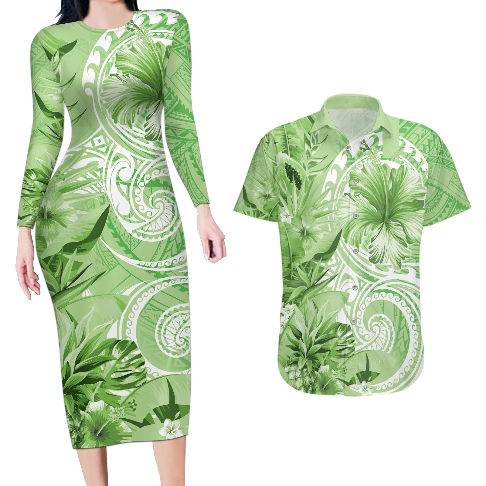 Polynesian Hibiscus Flower Tribal Couples Matching Long Sleeve Bodycon Dress and Hawaiian Shirt Lime Green Color