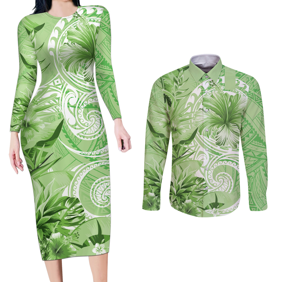 Polynesian Hibiscus Flower Tribal Couples Matching Long Sleeve Bodycon Dress and Long Sleeve Button Shirt Lime Green Color