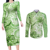 Polynesian Hibiscus Flower Tribal Couples Matching Long Sleeve Bodycon Dress and Long Sleeve Button Shirt Lime Green Color