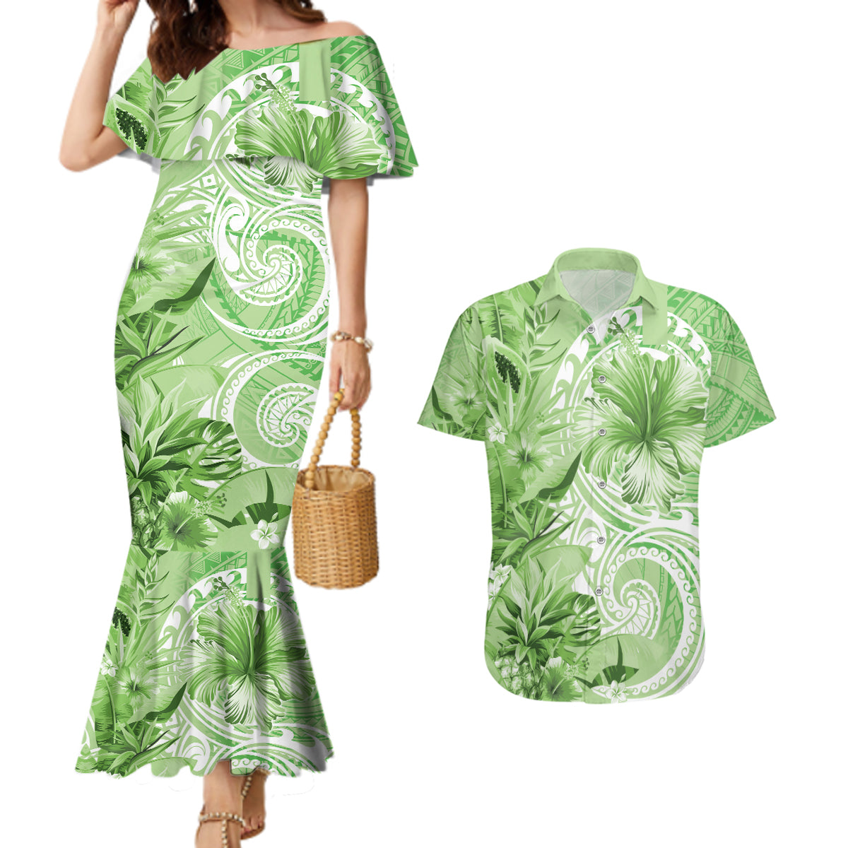 Polynesian Hibiscus Flower Tribal Couples Matching Mermaid Dress and Hawaiian Shirt Lime Green Color