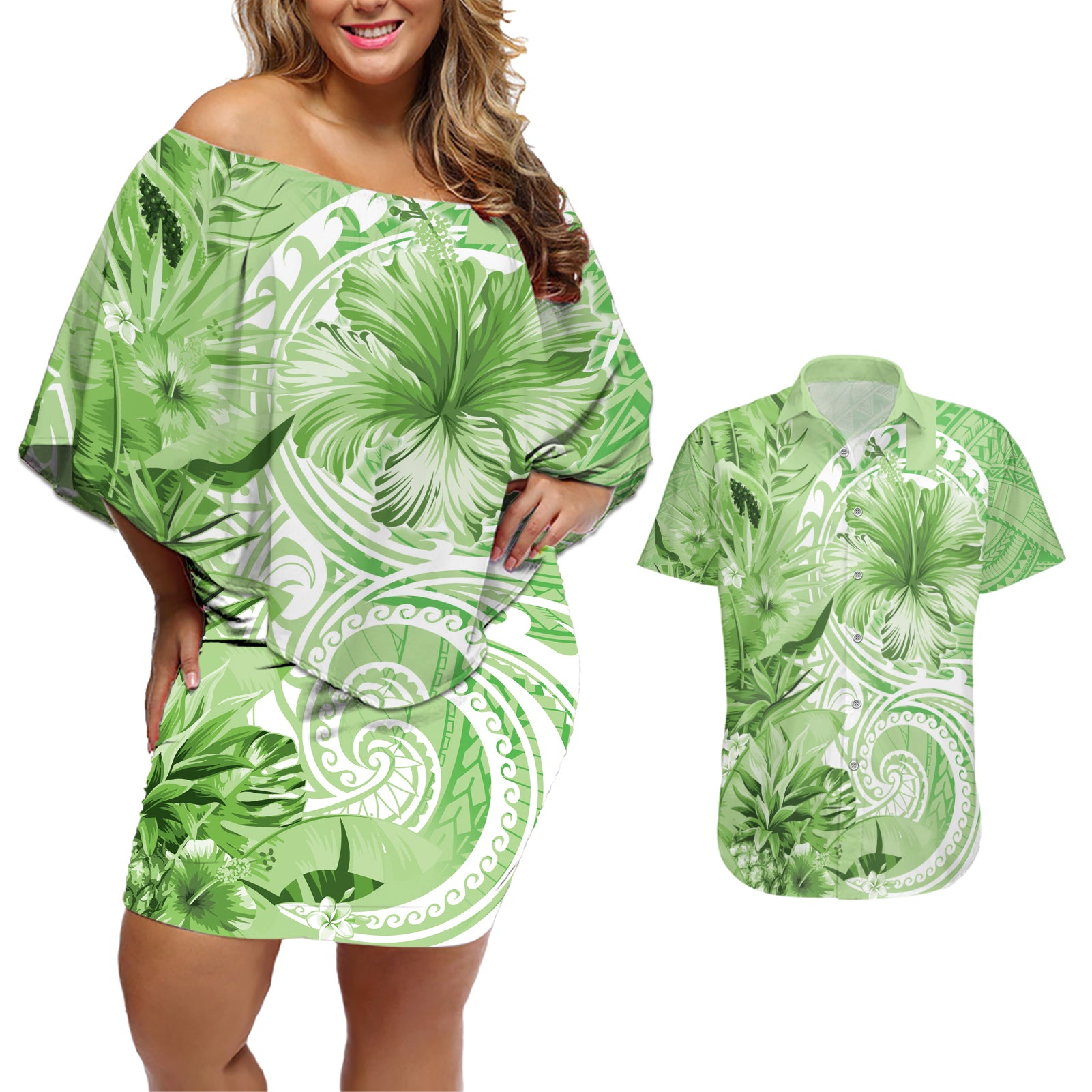 Polynesian Hibiscus Flower Tribal Couples Matching Off Shoulder Short Dress and Hawaiian Shirt Lime Green Color