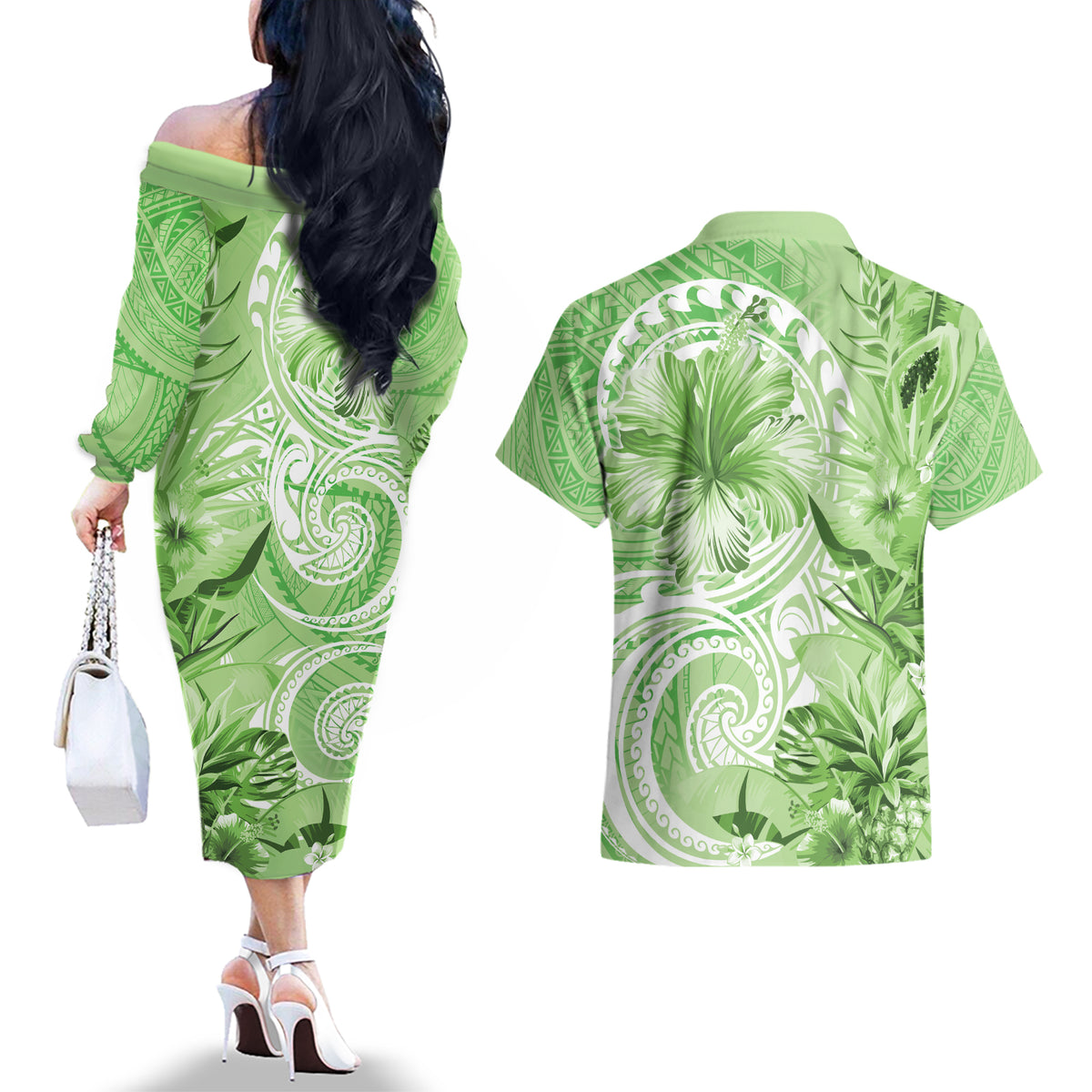 Polynesian Hibiscus Flower Tribal Couples Matching Off The Shoulder Long Sleeve Dress and Hawaiian Shirt Lime Green Color