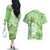 Polynesian Hibiscus Flower Tribal Couples Matching Off The Shoulder Long Sleeve Dress and Hawaiian Shirt Lime Green Color