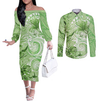 Polynesian Hibiscus Flower Tribal Couples Matching Off The Shoulder Long Sleeve Dress and Long Sleeve Button Shirt Lime Green Color