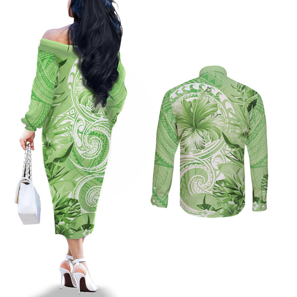 Polynesian Hibiscus Flower Tribal Couples Matching Off The Shoulder Long Sleeve Dress and Long Sleeve Button Shirt Lime Green Color