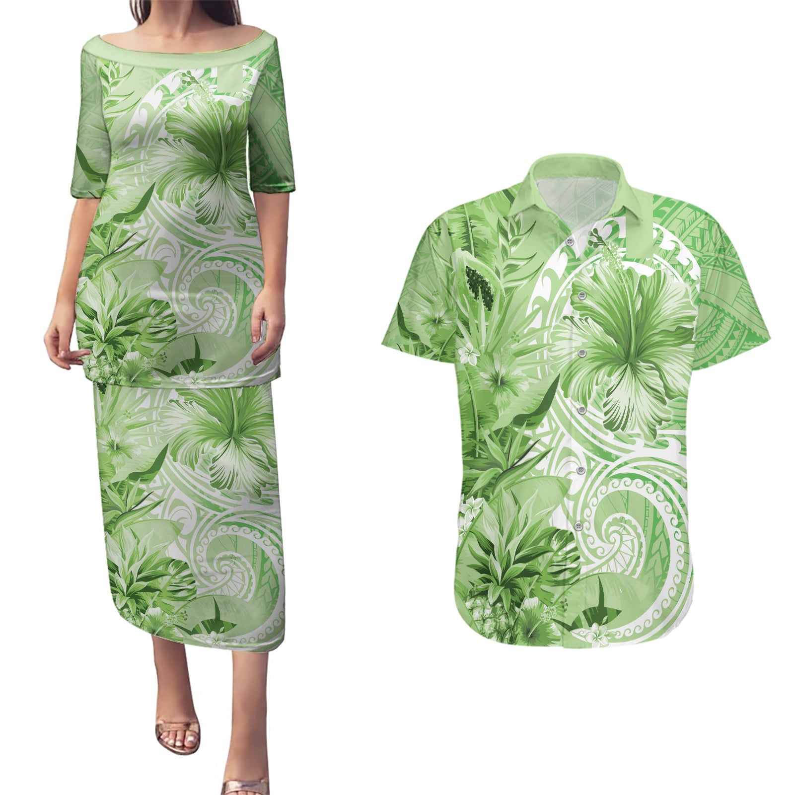 Polynesian Hibiscus Flower Tribal Couples Matching Puletasi and Hawaiian Shirt Lime Green Color