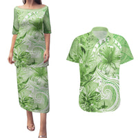 Polynesian Hibiscus Flower Tribal Couples Matching Puletasi and Hawaiian Shirt Lime Green Color