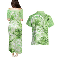 Polynesian Hibiscus Flower Tribal Couples Matching Puletasi and Hawaiian Shirt Lime Green Color