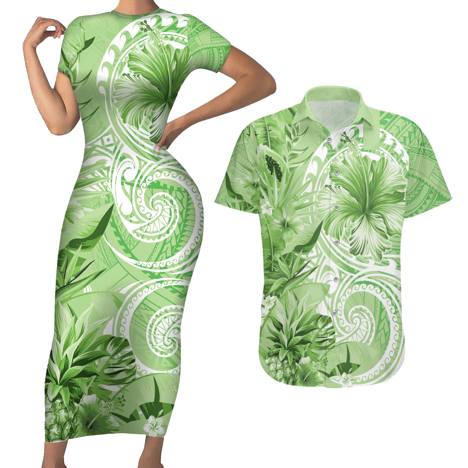 Polynesian Hibiscus Flower Tribal Couples Matching Short Sleeve Bodycon Dress and Hawaiian Shirt Lime Green Color