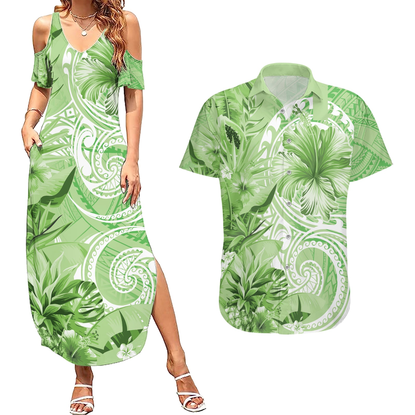 Polynesian Hibiscus Flower Tribal Couples Matching Summer Maxi Dress and Hawaiian Shirt Lime Green Color
