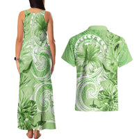 Polynesian Hibiscus Flower Tribal Couples Matching Tank Maxi Dress and Hawaiian Shirt Lime Green Color