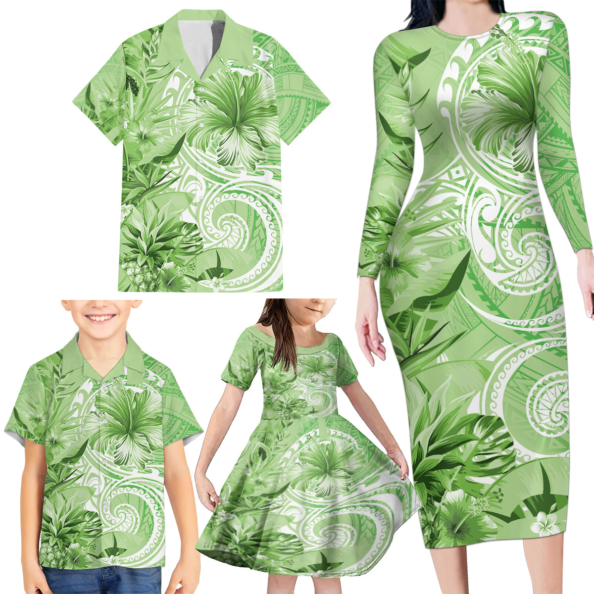 Polynesian Hibiscus Flower Tribal Family Matching Long Sleeve Bodycon Dress and Hawaiian Shirt Lime Green Color