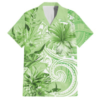 Polynesian Hibiscus Flower Tribal Family Matching Long Sleeve Bodycon Dress and Hawaiian Shirt Lime Green Color