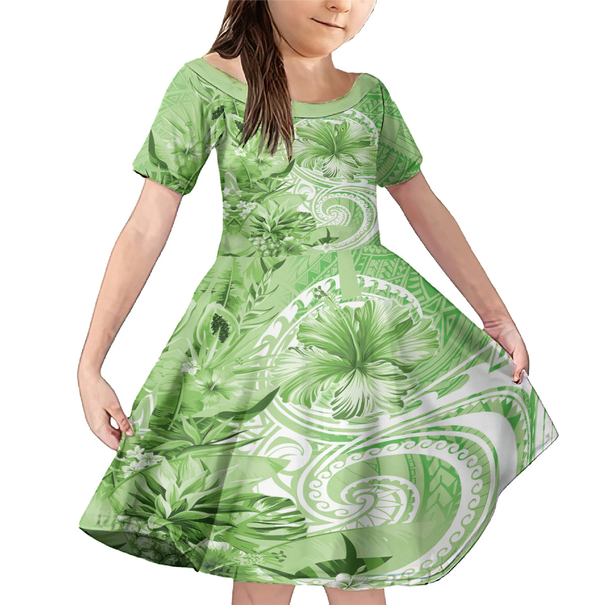 Polynesian Hibiscus Flower Tribal Family Matching Mermaid Dress and Hawaiian Shirt Lime Green Color