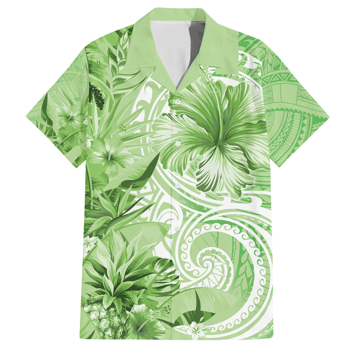 Polynesian Hibiscus Flower Tribal Family Matching Off The Shoulder Long Sleeve Dress and Hawaiian Shirt Lime Green Color