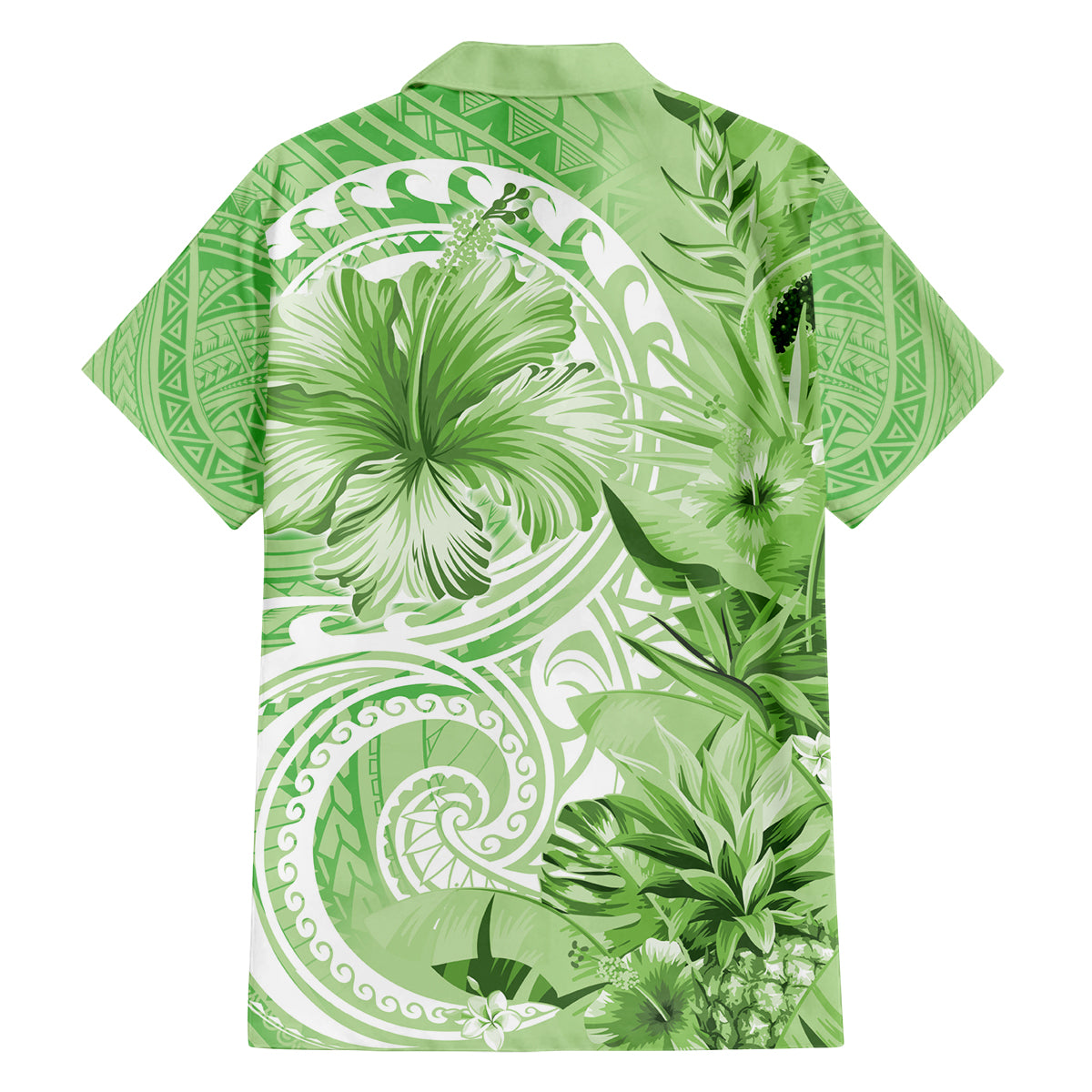 Polynesian Hibiscus Flower Tribal Family Matching Off Shoulder Short Dress and Hawaiian Shirt Lime Green Color