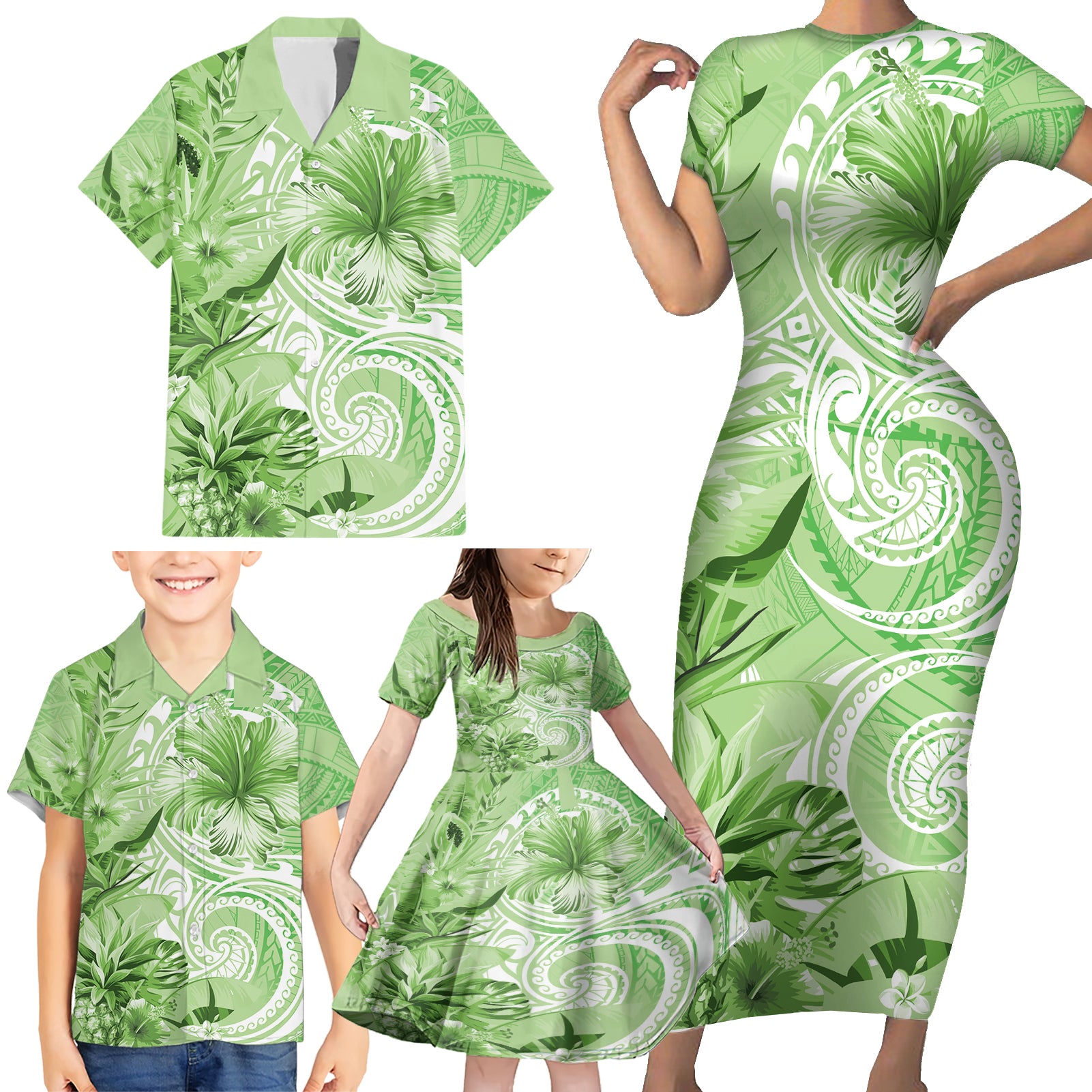 Polynesian Hibiscus Flower Tribal Family Matching Short Sleeve Bodycon Dress and Hawaiian Shirt Lime Green Color