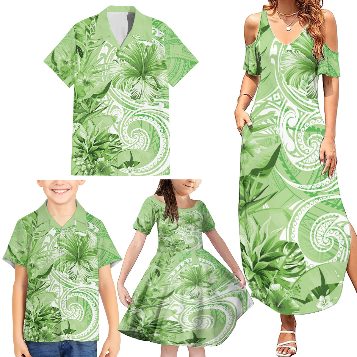 Polynesian Hibiscus Flower Tribal Family Matching Summer Maxi Dress and Hawaiian Shirt Lime Green Color