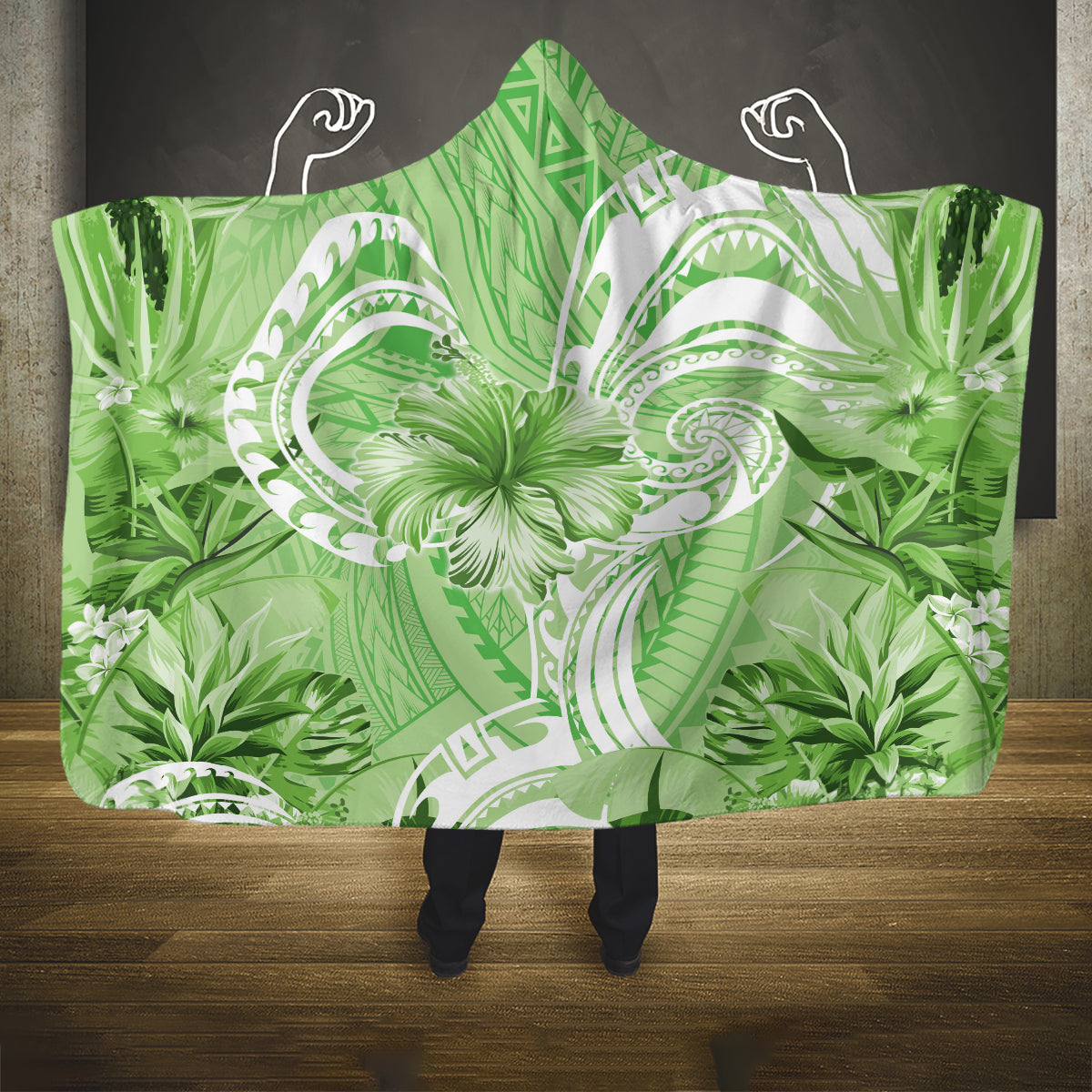 Polynesian Hibiscus Flower Tribal Hooded Blanket Lime Green Color LT9 One Size Lime Green - Polynesian Pride