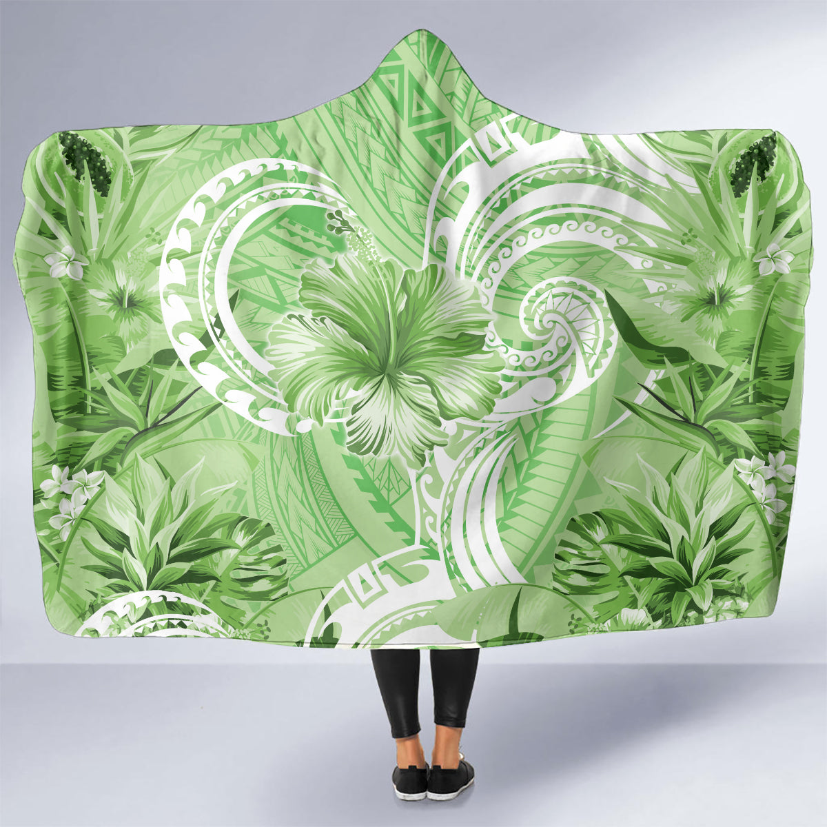 Polynesian Hibiscus Flower Tribal Hooded Blanket Lime Green Color LT9 - Polynesian Pride