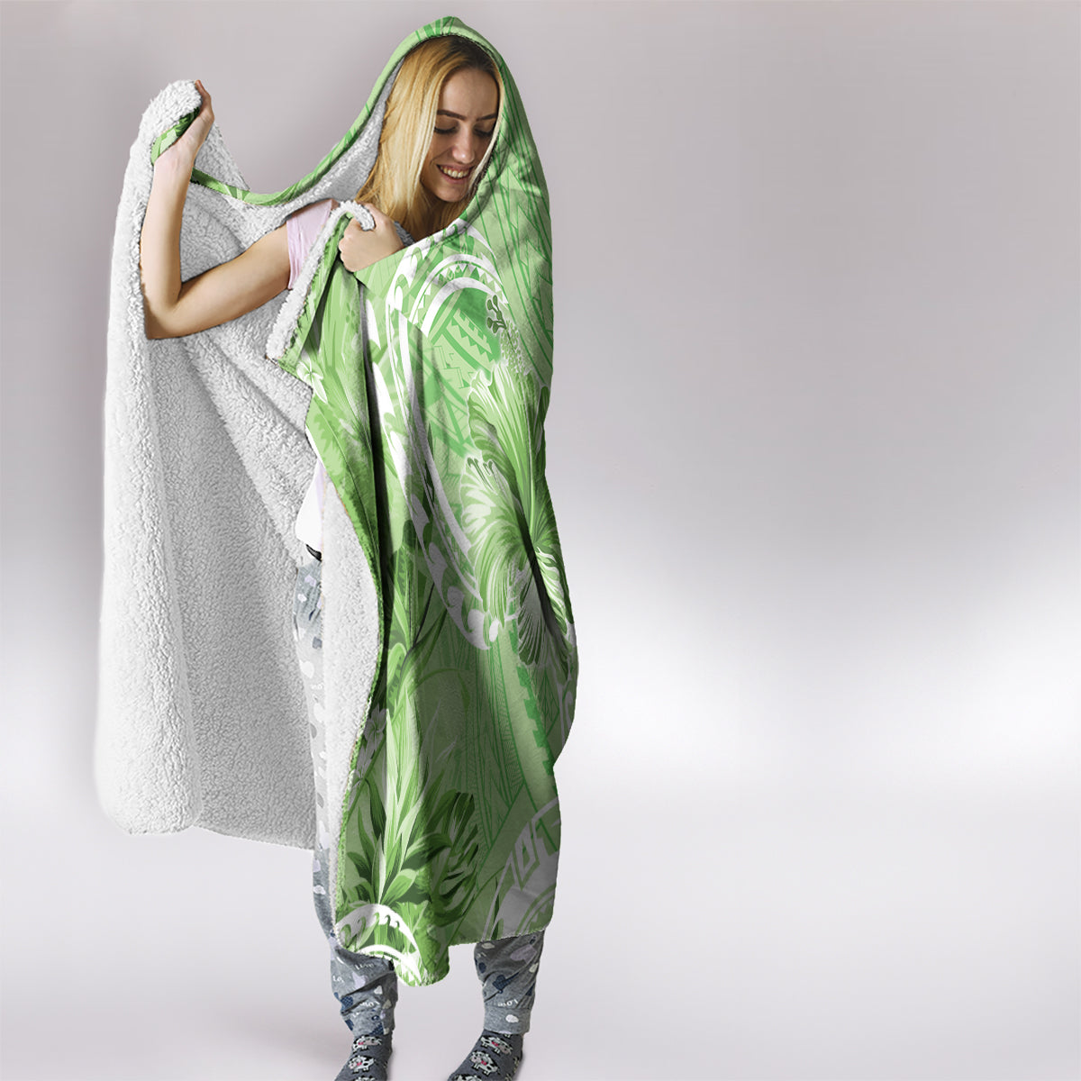 Polynesian Hibiscus Flower Tribal Hooded Blanket Lime Green Color LT9 - Polynesian Pride