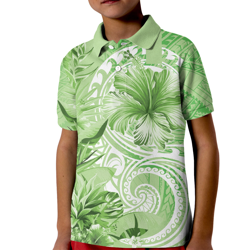 Polynesian Hibiscus Flower Tribal Kid Polo Shirt Lime Green Color