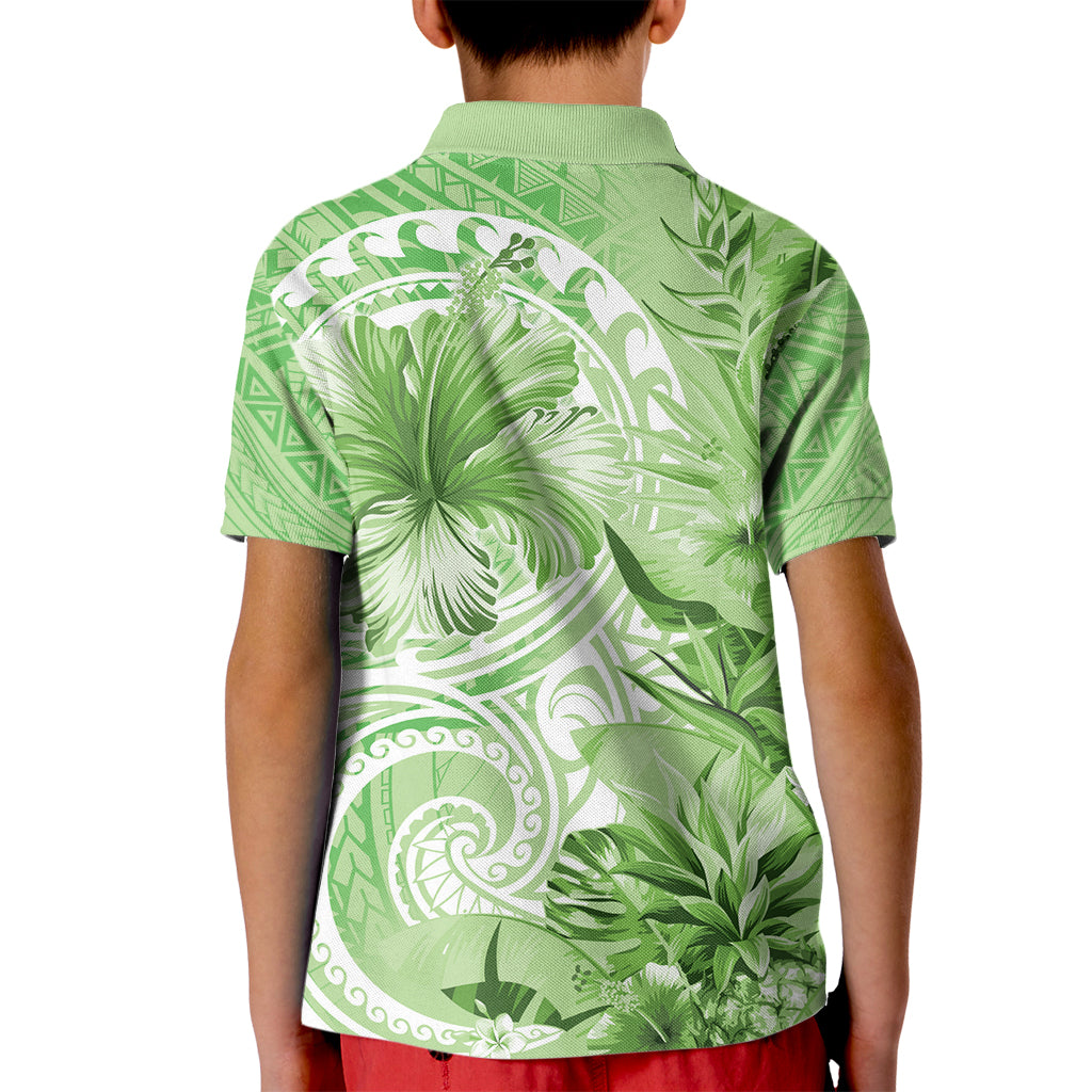 Polynesian Hibiscus Flower Tribal Kid Polo Shirt Lime Green Color