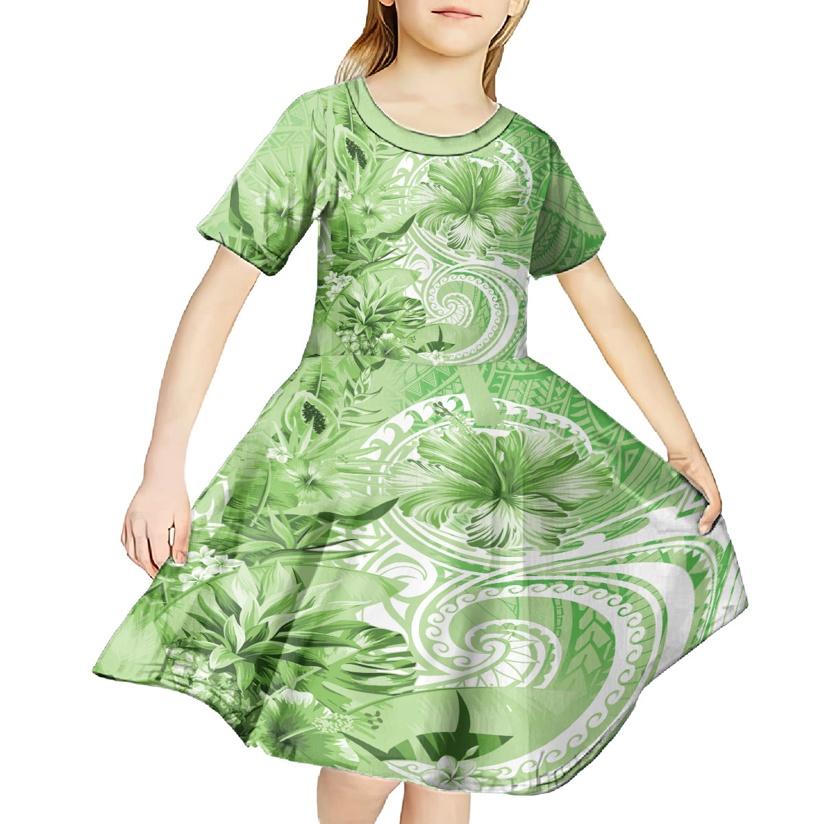 Polynesian Hibiscus Flower Tribal Kid Short Sleeve Dress Lime Green Color