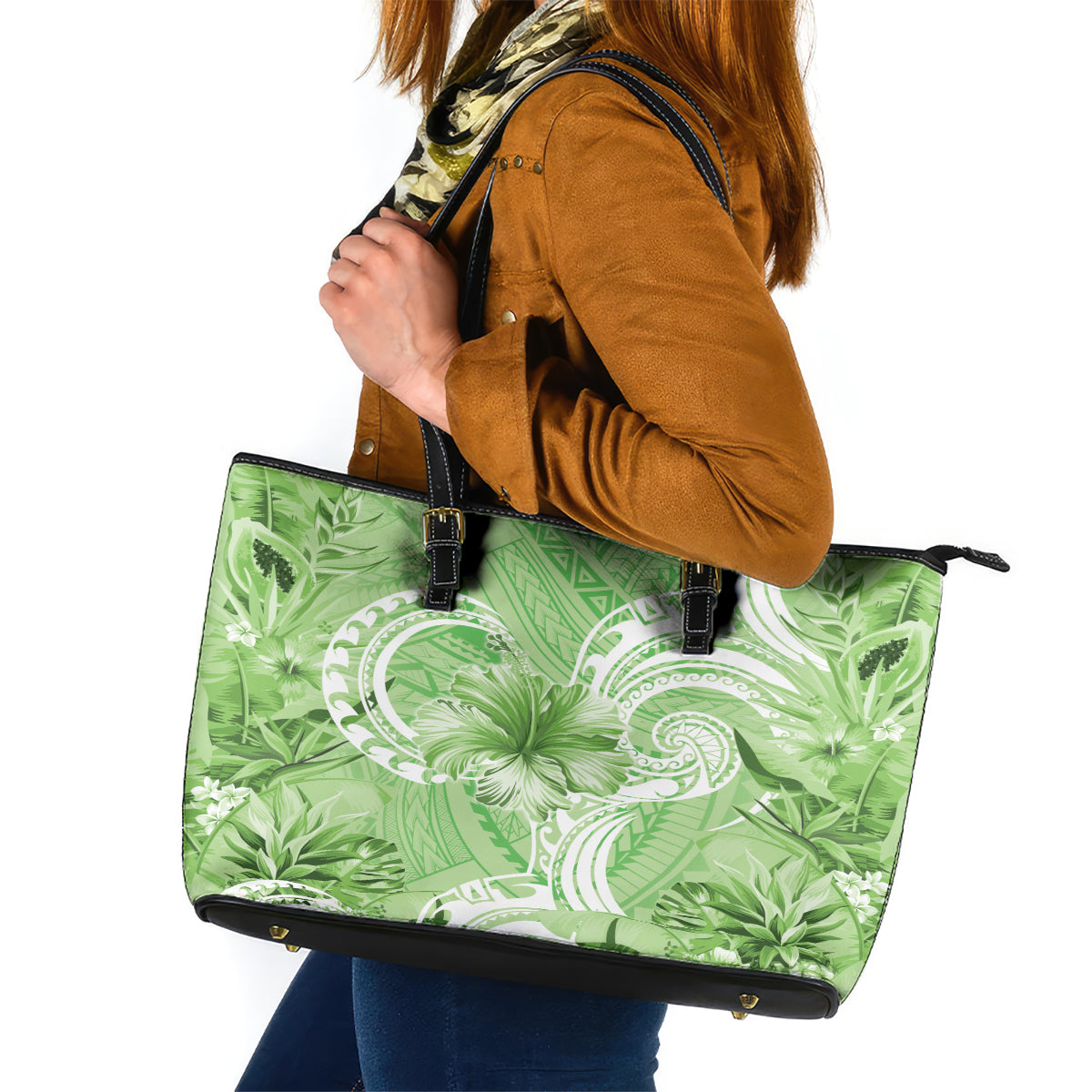 Polynesian Hibiscus Flower Tribal Leather Tote Bag Lime Green Color LT9 Lime Green - Polynesian Pride