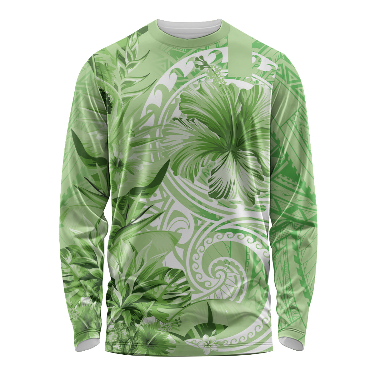 Polynesian Hibiscus Flower Tribal Long Sleeve Shirt Lime Green Color