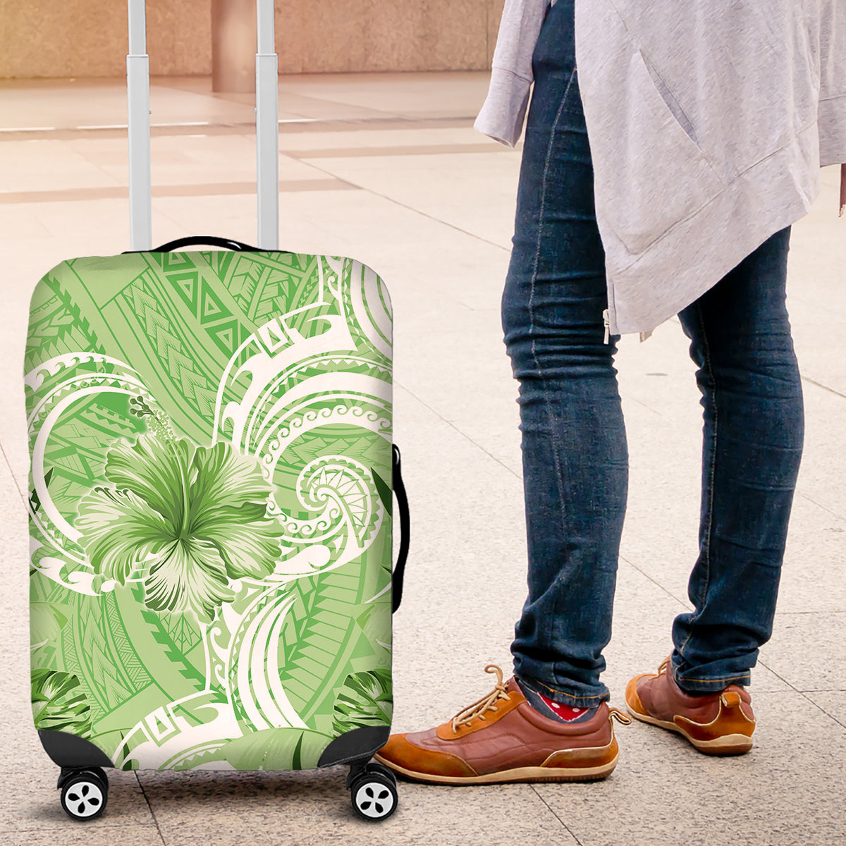 Polynesian Hibiscus Flower Tribal Luggage Cover Lime Green Color