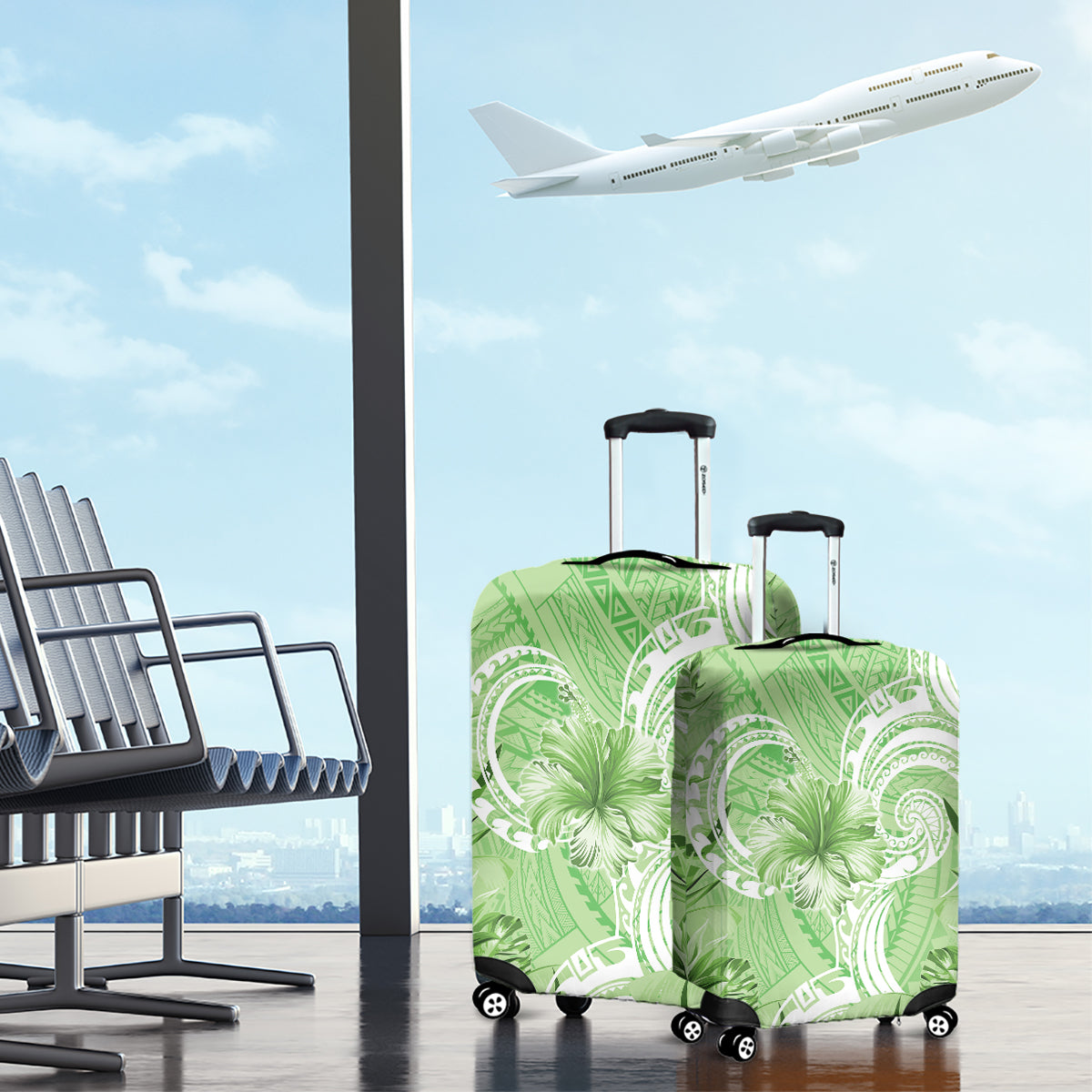 Polynesian Hibiscus Flower Tribal Luggage Cover Lime Green Color