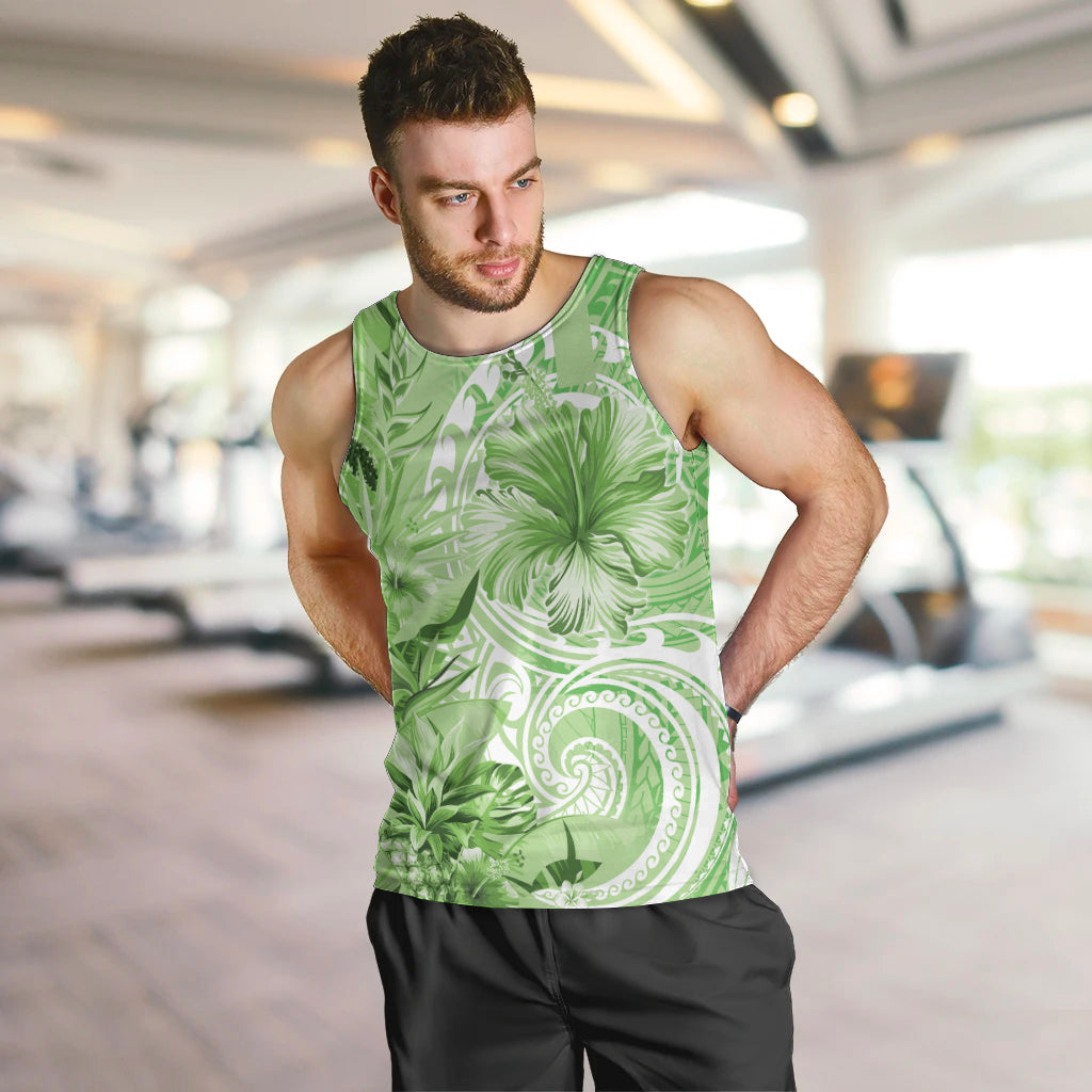 Polynesian Hibiscus Flower Tribal Men Tank Top Lime Green Color