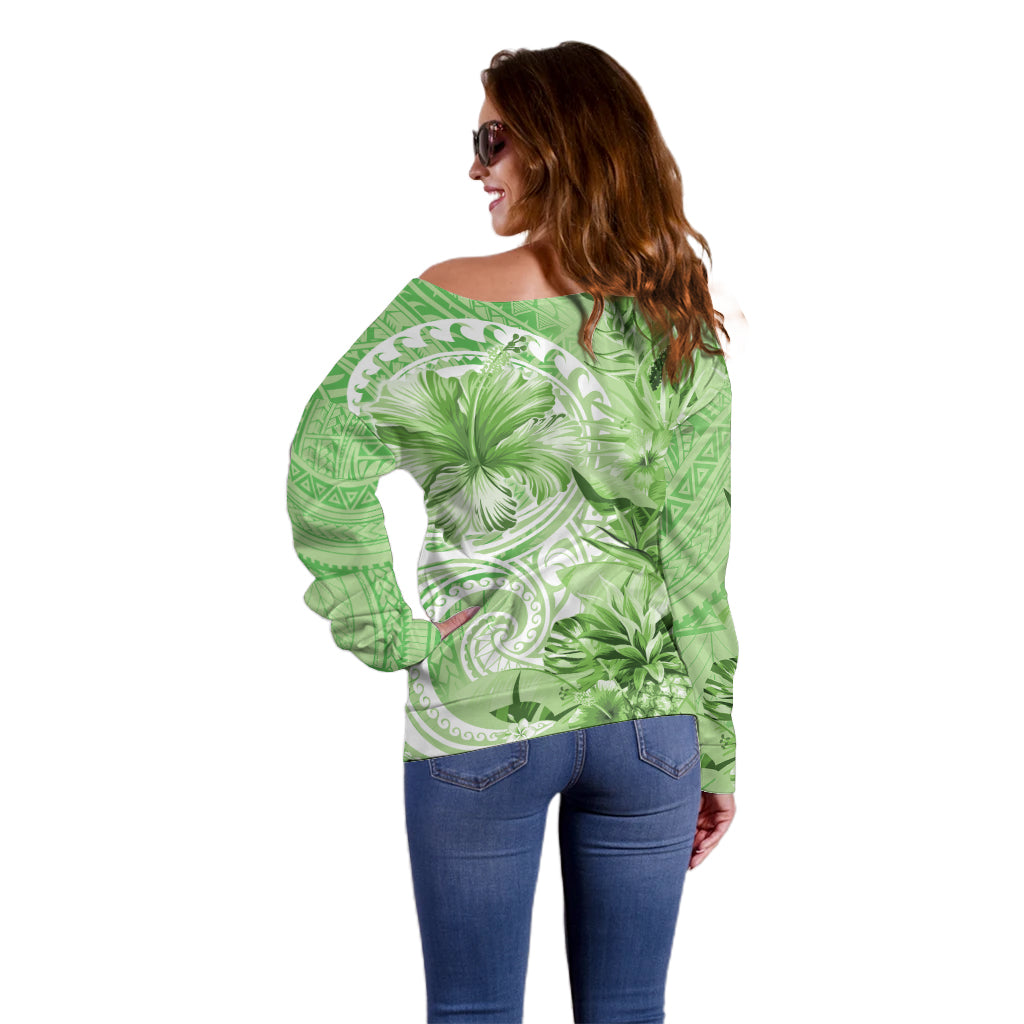 Polynesian Hibiscus Flower Tribal Off Shoulder Sweater Lime Green Color