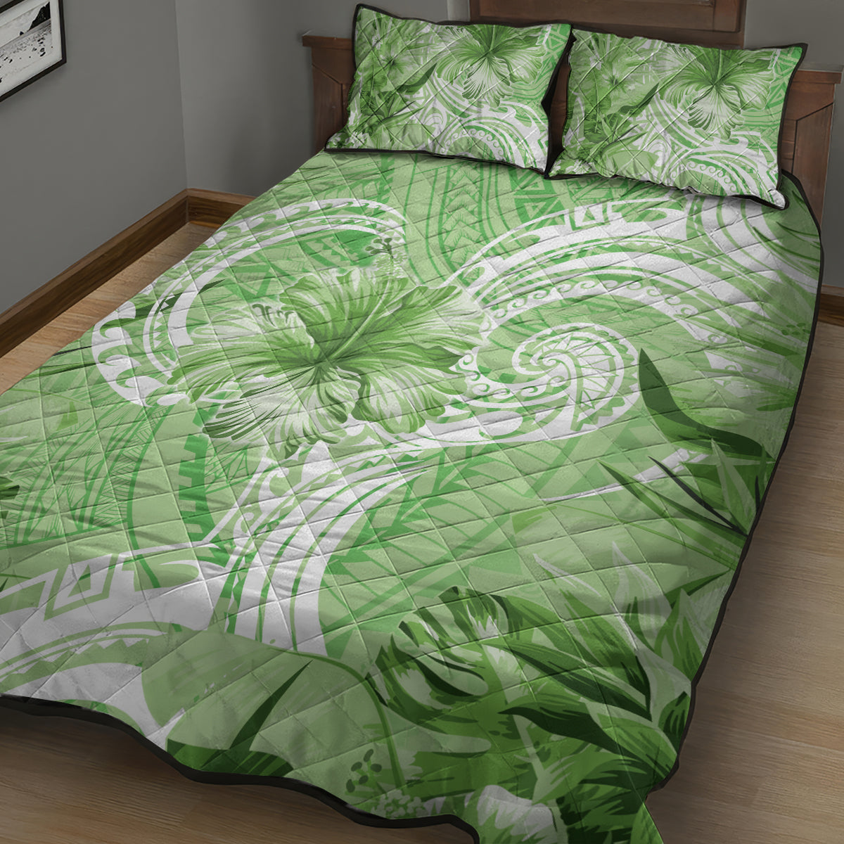 Polynesian Hibiscus Flower Tribal Quilt Bed Set Lime Green Color